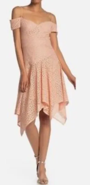Nicole Miller Sz 2 peach lace crochet handkerchief Off Shoulder Dress Fairy Y2K thumbnail 1