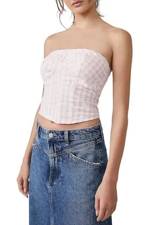 Free People Leilani Gingham‎ strapless Top Size L thumbnail 1