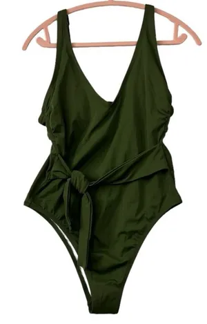 Shade and Shore One Piece Swimsuit Olive Green Side Knot Open Back‎ Size L NEW thumbnail 1