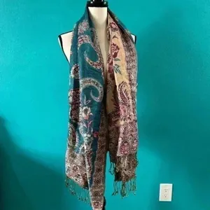 Blue patterned scarf with gold accent threads thumbnail 2