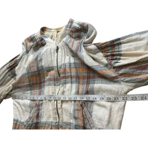 Free People Plaid Cotton Gauze Zip Up Bomber Jacket Cream Orange Brown Womens M thumbnail 11