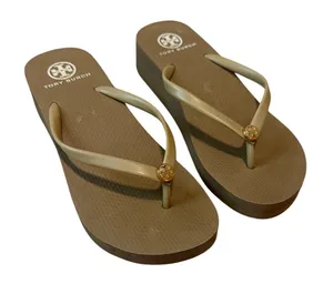 Tory Burch Tan Mini Wedge Platform Flip Flop Sandals Gold Logo Size 8 thumbnail 1