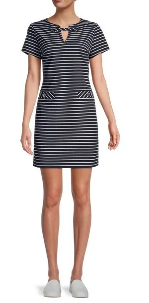 Tommy Hilfiger Women's Blue Striped Short Sleeve Split Neck Mini Sheath Dress 2 thumbnail 1