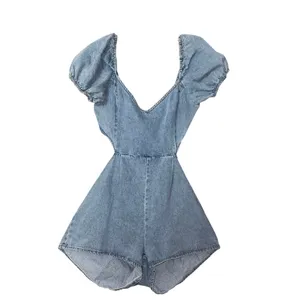 Lulus Blushing Beauty Light Wash Denim Puff Sleeve Romper size Large thumbnail 2