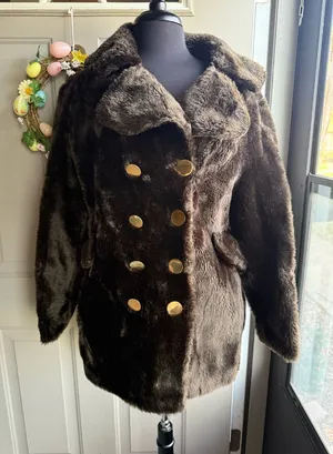 Vintage faux fur gold double button coat, size medium large Brown thumbnail 1