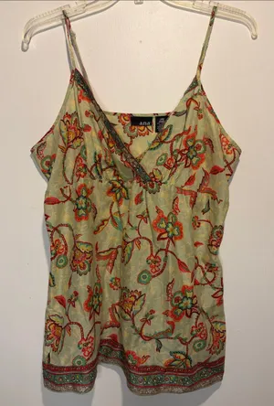 Y2K Vintage Semi Sheer Spaghetti Straps Floral Embroidered Neckline Tank Top L thumbnail 1