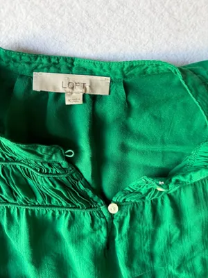 LOFT Women's Emerald Green Long Sleeve Blouse with Shirred Yoke Detail thumbnail 2