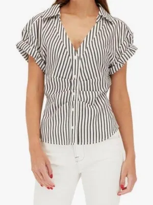 Frame striped linen blend shirred short sleeve top size medium thumbnail 1