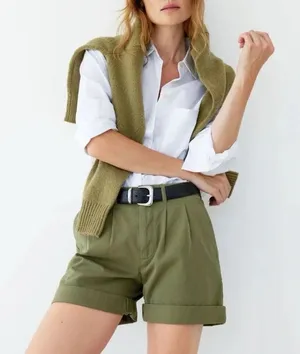 AYR Women’s Cotton High Rise Pleated Shorts Olive Size 12 thumbnail 1