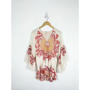 Free People Sunset Dreams Printed Tunic Size XS Ruffle Sleeve Bohemian Relaxed thumbnail 4