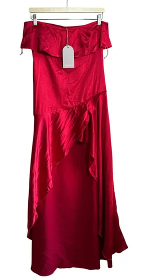 NWT Meshki Sulianna strapless ruffle midi dress vermillion red women's size M thumbnail 1