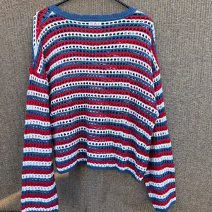 Pink Lily red, white, and blue striped crochet knit sweater top women’s Sz L thumbnail 4