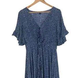 Express High Low Maxi Dress Womens M‎ Navy Blue Polka Dot Tie Front Cottagecore thumbnail 2