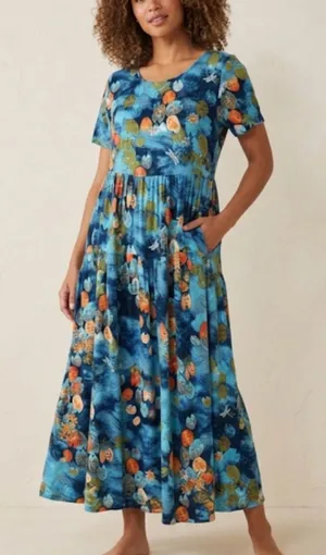 Lily Pad Dragonfly Patterned Maxi Dress Blue thumbnail 1