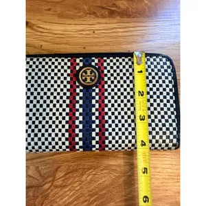 Tory Burch Woven Leather Checkerboard Zip Continental Wallet Navy White OS thumbnail 8