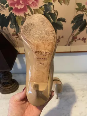Jimmy Choo Shoes Womens Size 5.5 Beige Patent Peep Toe High Heel Pumps Italy thumbnail 4