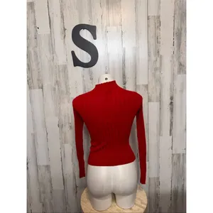 H&M Divided Candy Red Ribbed Knit Mock Neck Cutout Chest Long Sleeve Top Small thumbnail 3