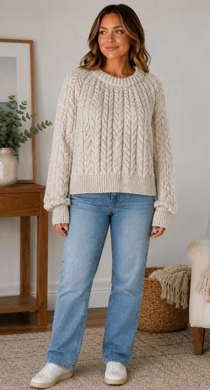 H&M M Alpaca Blend Cable Knit Sweater Oatmeal Oversized Chunky Crew Neck Ribbed thumbnail 1