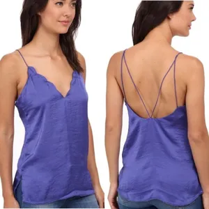 Free People Intimately Sensual Satin Scallop Deep V Cami Blue Gray Large thumbnail 2