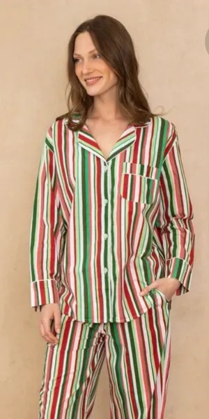 Printfresh Green, Red, Pink, & White Striped Long Sleeve Pajama Shirt thumbnail 1