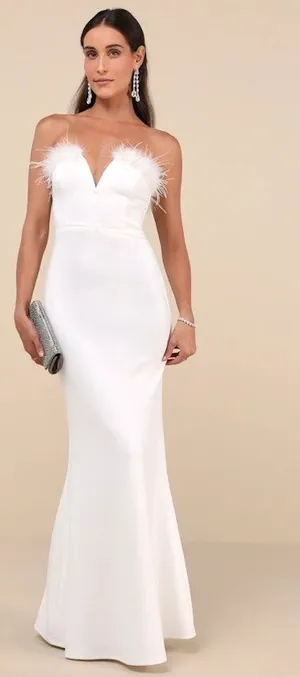 NWT Lulus Extraordinary Glam White Feather Strapless Mermaid Maxi Dress Medium thumbnail 1