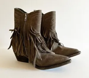 Free People Taupe Suede Leather Point Toe Lawless Fringe Western Boots thumbnail 1
