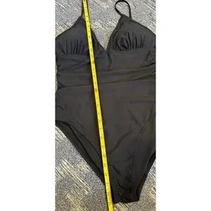 Time and Tru Black One Piece Swimsuit Mesh Inset Ruched Hi Cut Women's Large NEW thumbnail 4