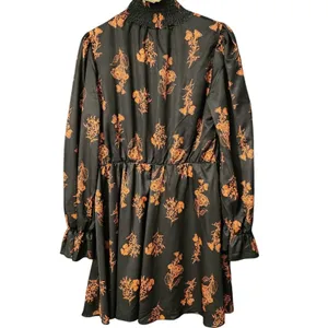 NWT Floerns Womens Cottagecore Dress Black Orange Floral Smocked Mock Neck L thumbnail 2