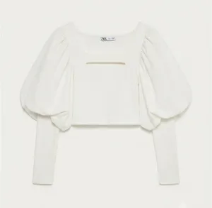 Zara Cropped Top Women S White Puff Sleeve Cutout‎ Ribbed Knit Statement Blouse thumbnail 1