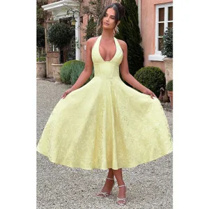 NWT Babyboo Effie Lemon Yellow Floral Jacquard Halter A-Line Midi Dress Size S thumbnail 3
