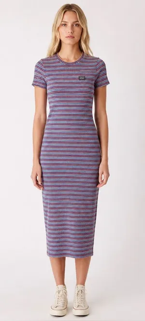Obey Worldwide Striped Midi Shirt Dress Blue Red Yellow Logo Tee Dress Sz Small thumbnail 1