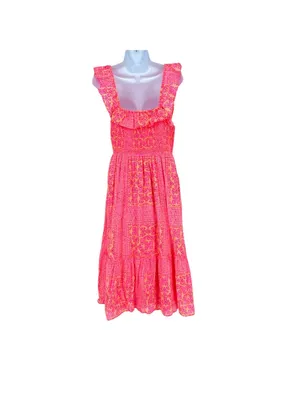 Vineyard Vines Neon Tortola Smocked Midi Dress Vibrant Pink Orange Size Medium thumbnail 5