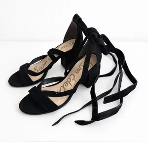 Sam Edelman Suede Lace-Up Block Heel Sandals Black Size 7 Strappy Wrap Heels thumbnail 1