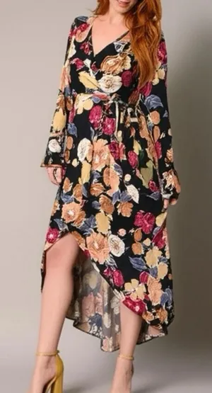 Band of the Free Boho Floral Stevie Nicks Hi-Lo Wrap Maxi Dress Long Sleeve M thumbnail 1