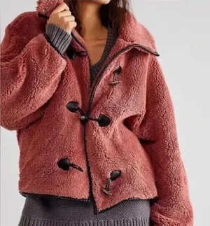 Free People Junie Teddy Jacket contrast faux leather toggle trim Rose Pink L thumbnail 1