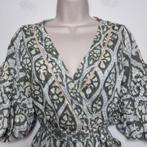 Anthropologie‎ Ash Eden Women 100% Cotton Mini Wrap Dress XS Green Cottage Party thumbnail 6