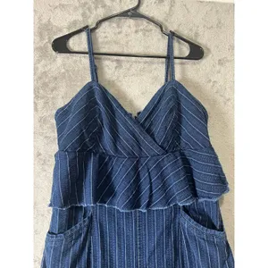 Anthropologie‎ Ett:twa Striped Denim Peplum Jumpsuit Wide Leg Blue Pinstripe LG thumbnail 3