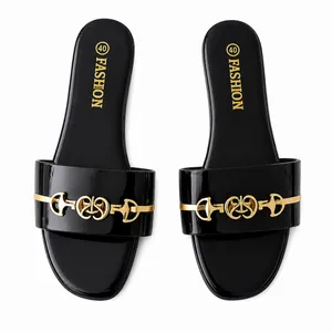 Black & Gold Chain Detail Slide Sandals thumbnail 1
