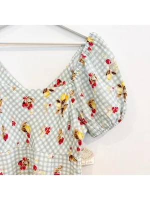 Altard State‎ Aldrin Dress Size L Sage Green Gingham Fruit Puff Mini Coquette thumbnail 4
