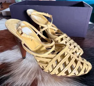 Prada Yellow Leather Woven Slingback Heels thumbnail 1