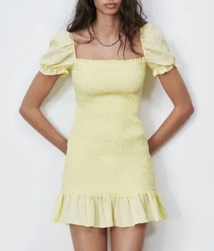 Zara Smocked Yellow Mini Dress Women’s XS thumbnail 1
