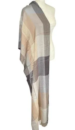 Neutral colored women's rectangle scarf wrap shawl with fringed edges thumbnail 1