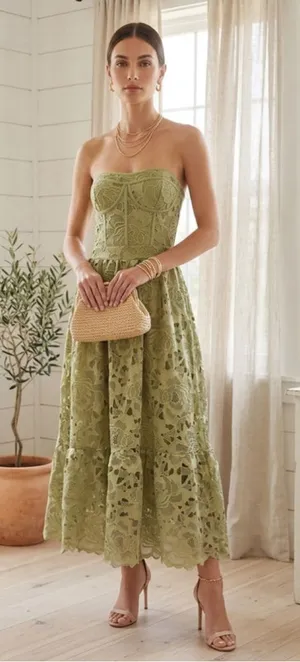 Glam Sage Green Lace Corset Maxi Dress Strapless Cutout Crochet Floral XL Summer thumbnail 1