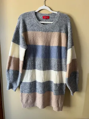 Sweater Mini Dress in Gray, Cream & Tan Stripes thumbnail 1