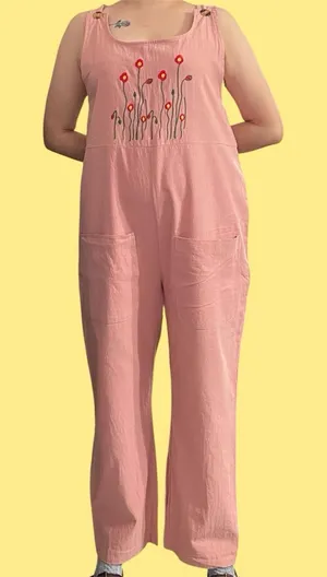 Pink overalls with floral embroidery. thumbnail 1