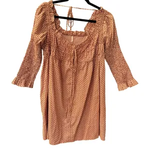 Free People $128 Star Dip Smocked Cotton Mini Dress Retro Boho Oversized XS thumbnail 3