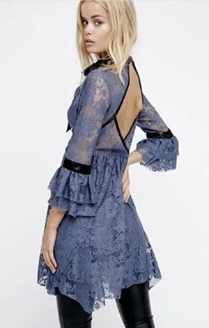 NWT Free People Gilded Lace Victorian Dusty Blue Bow Tunic Mini Dress Small thumbnail 15
