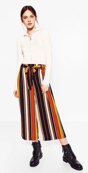 Zara Trafaluc Striped Wide Leg Culotte Pants Orange Black Yellow Size Medium thumbnail 1