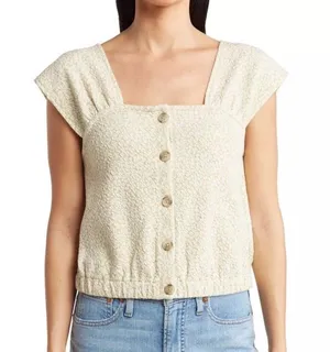 Madewell Floral Jacquard Button Front Top Faded Seagrass Cream & Green Size XS thumbnail 1
