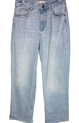 ZARA Vintage Relaxed Style High Rise Wide Leg Raw Hem Casual Cotton Jean 4 Blue thumbnail 1